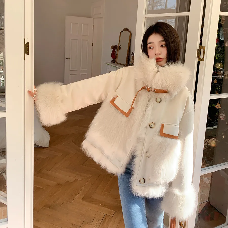 Wearing Fox Fur Top Women's Clothing Full Leather Coat on Both Sides Young Jackets Winter Overcoming Suede with Fox Fur Collar