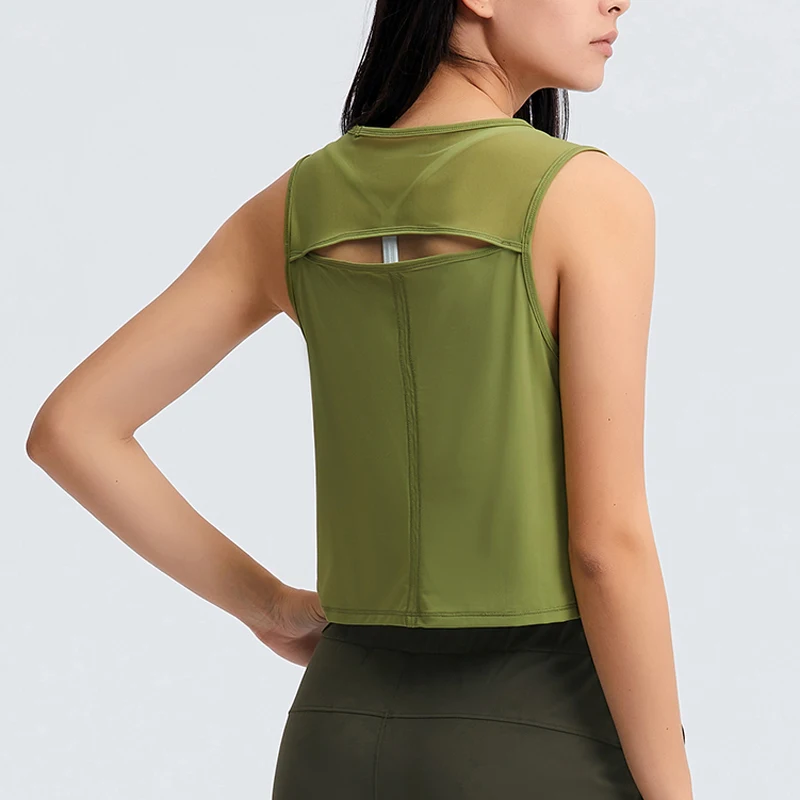 Кроп-майка женская спортивная с круглым вырезом сетчатая майка без рукавов