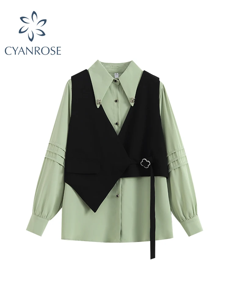 

Женская блузка, Модная элегантная зеленая рубашка, черный жилет с длинным рукавом, однобортная уличная одежда, повседневная Свободная блузка-поло с воротником, Топ