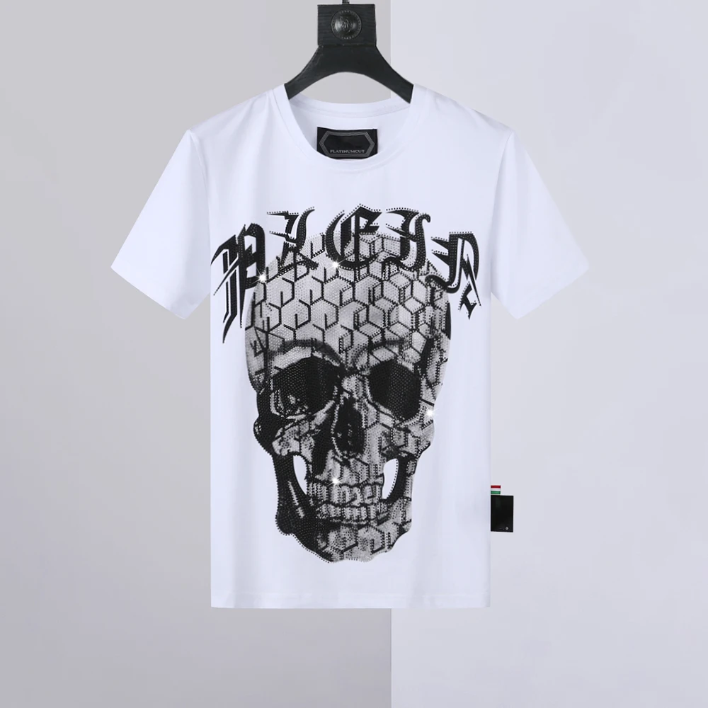 

2023 Summer New Short Sleeve Men's Pure Cotton Skull Print Hot Diamond Top Slim Fit T-shirt Round Neck High Street Hip Hop