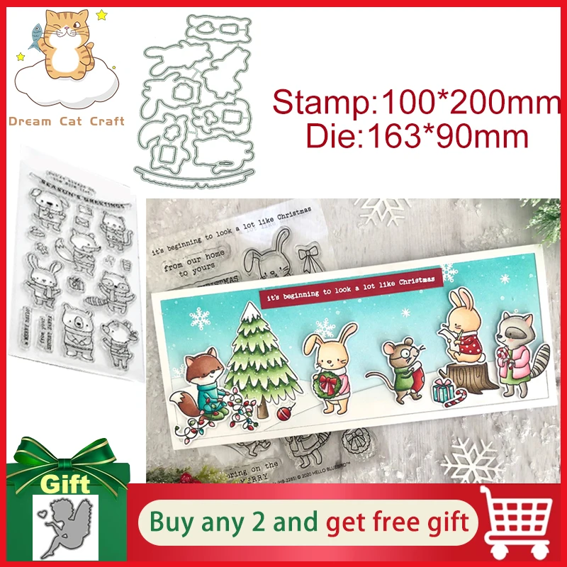 

Holiday Office Party Puppy Fawn Bear Rabbit Fox Clear Stamps and Cutting Dies Diy Scrapbook Album Crafts Cut Dies and Stamps