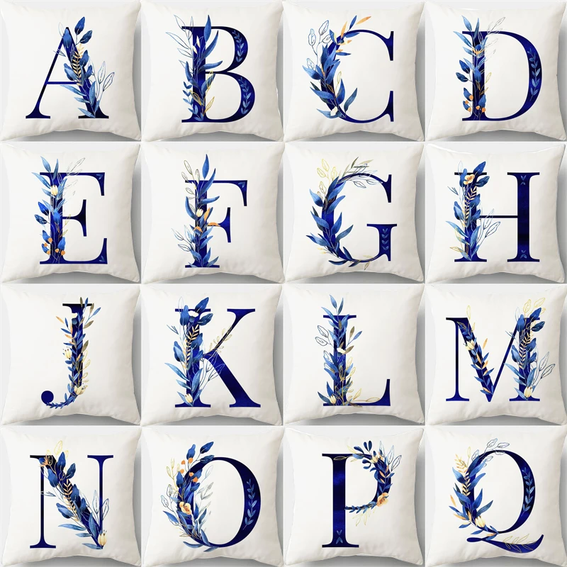 

45x45cm Blue Alphabet Cushion Cover Flower Letter Pillow Cases Plant Tree Peachskin Car Sofa Bedroom Home Decoration Pillowcase