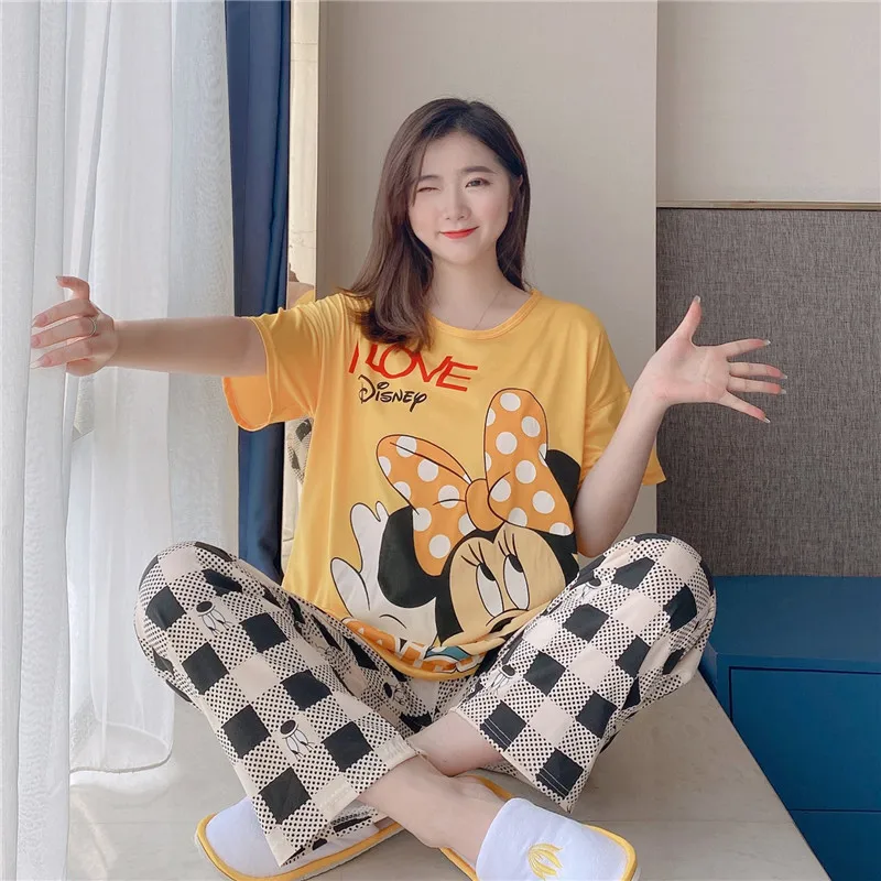 

Disney Pajamas Set Mickey Mouse Minnie Cartoon Print 2-piece Set Of Spring And Autumn Leisure Comfortable Tshirt + Pants Set
