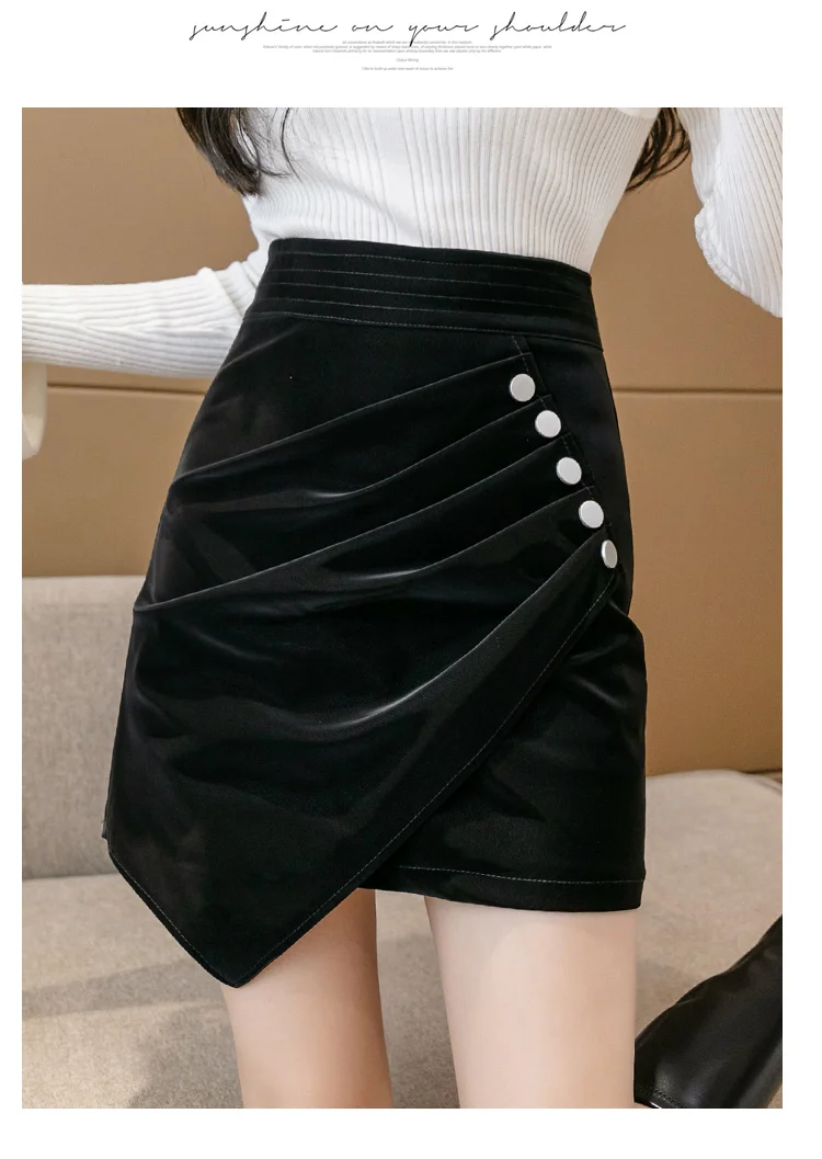 

Fashion Trends Office Lady Velor Fabric Imitation Leather PU Button Folds Lining High Waist Irregular A-line Package Hip Skirt