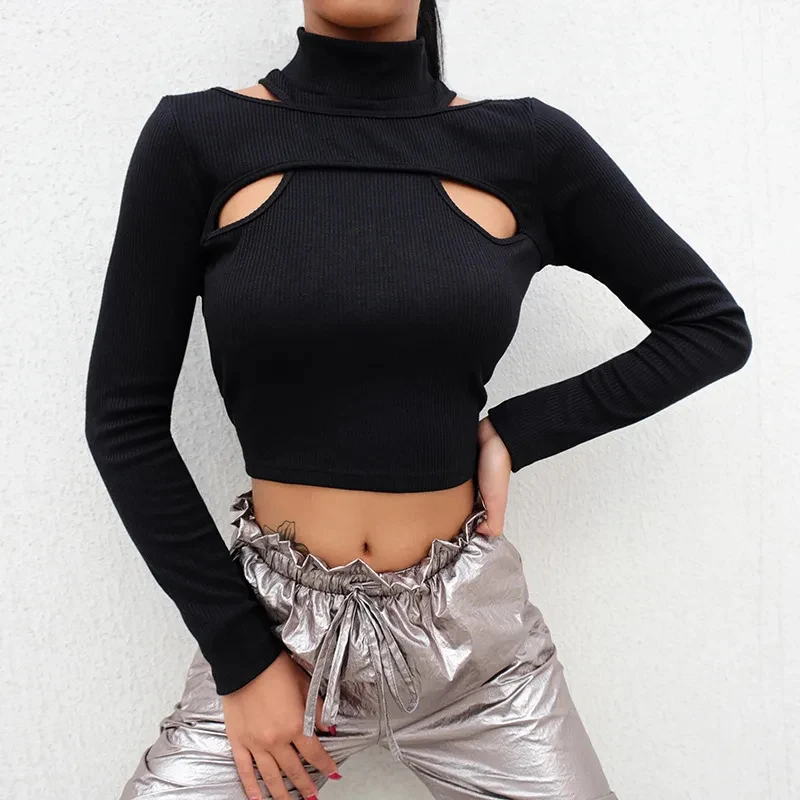 

Rimocy High Street Hollow Knitted Crop Tops Women New Fake Two-Piece T-Shirt Woman Black White Slim Fit Long Sleeve Tops Female