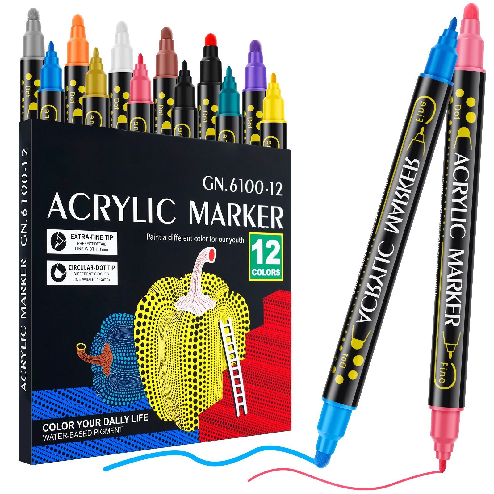 

12Pcs Acrylic Paint Marker 12 Colors Dual Tip Acrylic Paint Pen Waterproof Quick Dry Mark Pen DIY Craft Tool for Paper Plastic