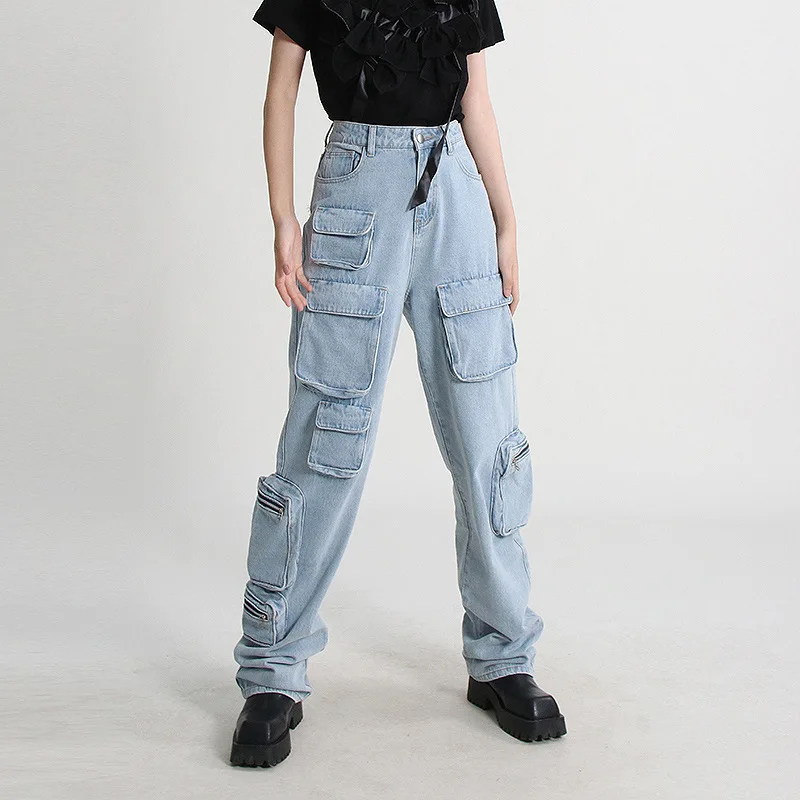 

Street Individualized Heavy Industry Denim Panel Pants Women's Clothing Spring Autumn New Large Pocket Zipper Washed Old Jeans