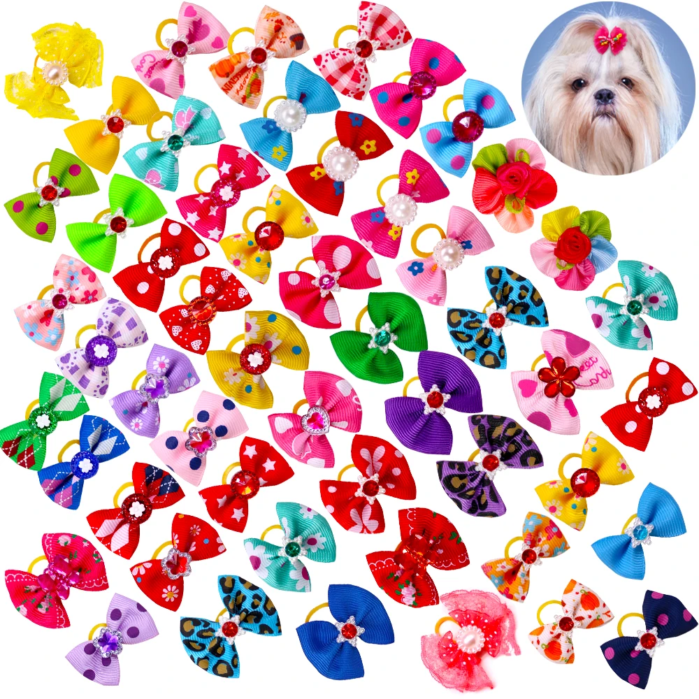 100pcs in pairs Dog Bow Diamond Pearl Bows For Dogs Pet Dog Grooming Bows Pet Supplies Dog Accessories Elastic Bands For Dogs