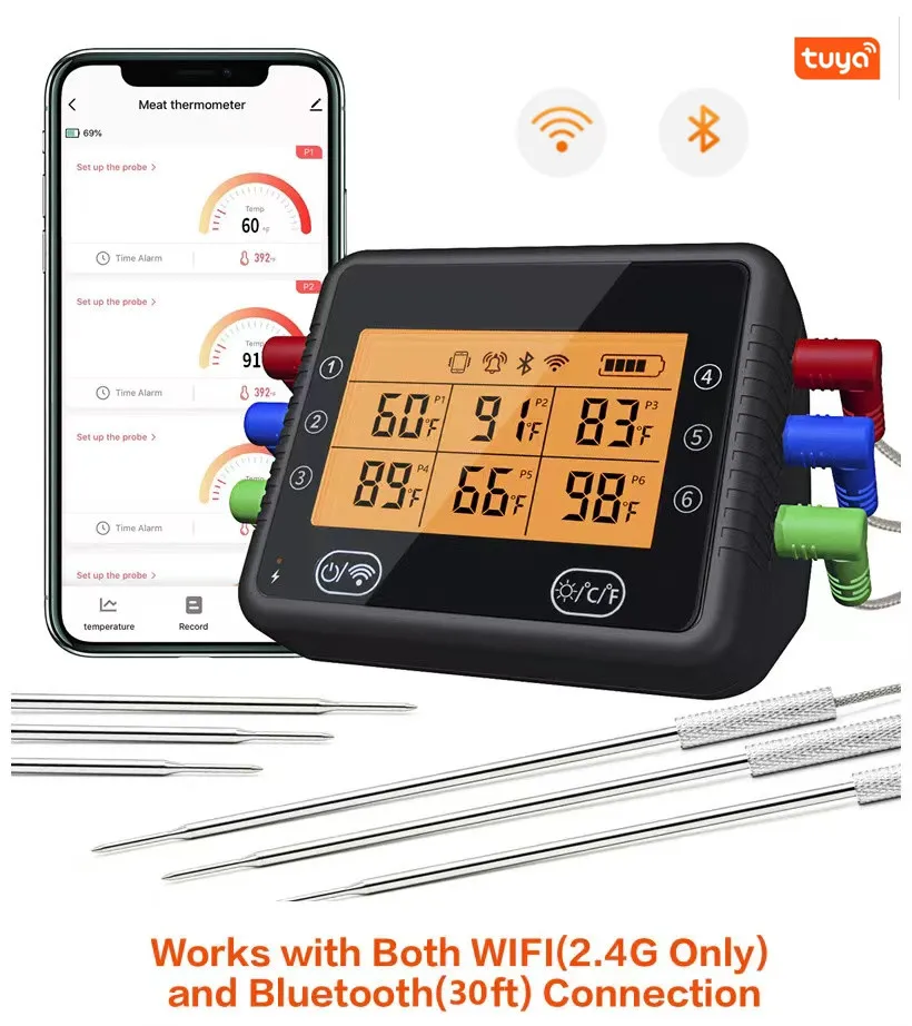 

Tuya Wi-Fi&Bluetooth Digital Bbq Thermometer Rechargeable Wireless Food Meat Bbq Smoker Thermometer 4/6 Probes Temp Graph Alarm
