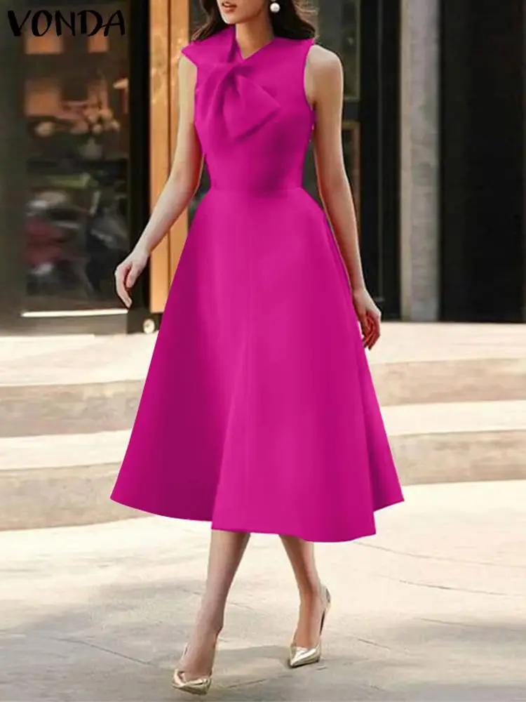 

VONDA Elegant Party Satin Dress 2023 Summer Women O-Neck Sleeveless Big Bow Solid Midi Sundress Sexy Pleated Evening Robe Femme