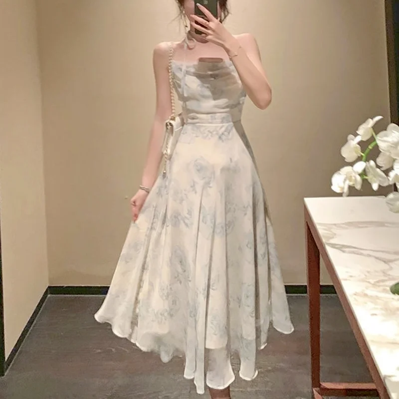 

Summer Party Midi Elegant Dress Women 2022 Strap Sexy Design High Wasit Vintage Casual Dress Sleeveless Chiffon Sweet Dress