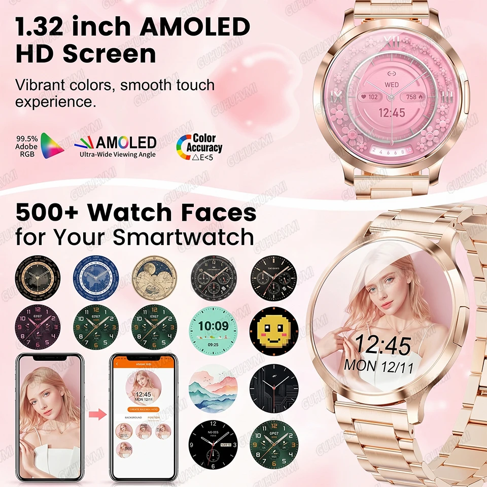 Фото Новые ультратонкие умные часы для женщин с AMOLED-дисплеем, функцией ответа на звонки, сообщений, отслеживания здоровья и спортивных показателей, подарок для женщин, музыкальные цифровые часы №3