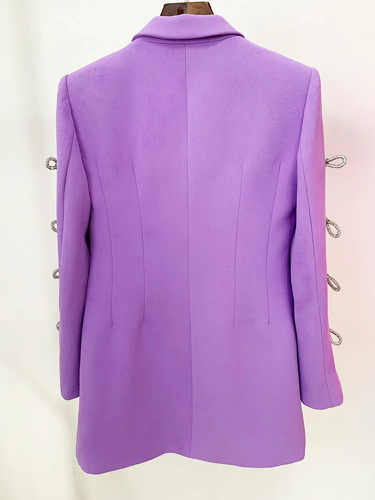 ZJYT Elegant Beading Bow Long Blazers for Women Party Jacket Coat Autumn Winter Notched Collar Pink Office Outerwear Female Tops