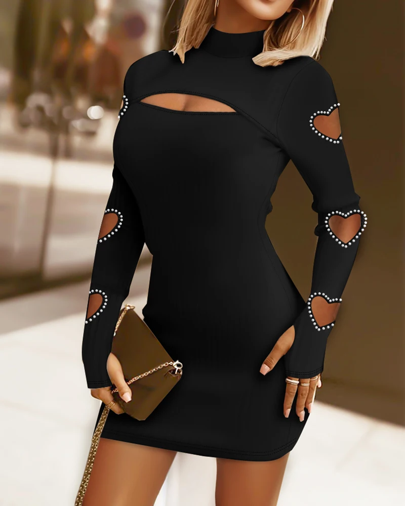 

Autumn Winter Women Hollow Heart Beaded Cutout Bodycon Dress Female Party Wear Slim Fit Long Sleeve Bodycon Dress Vestidos