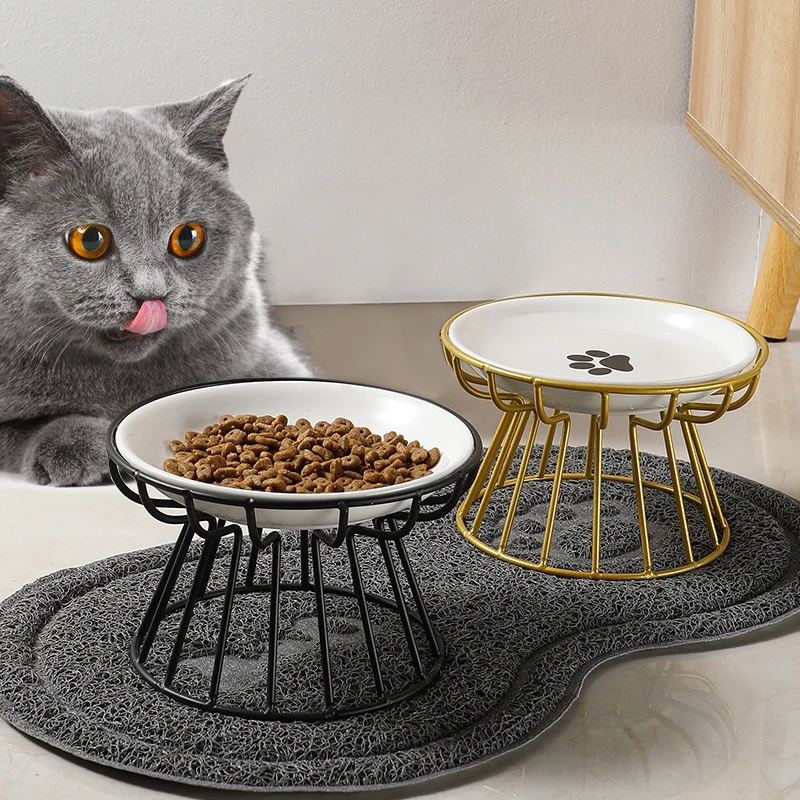 

Ulmpp Cat Bowl Ceramic With Metal Stand Pet Cat Feeding Elevated Dish Kitten Puppy Tilt Raised Water Food Feeder Dog Supplies