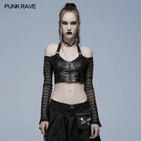 punk rave womens gothic sexy horizotal shoulder crop top punk rock hollow out sleeve front zippers playful black short t shirts