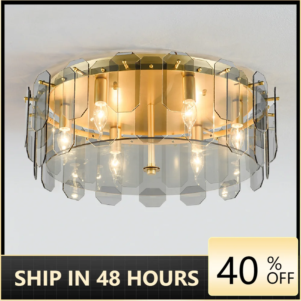

LED Ceiling Light Smoke/Amber Glass Postmodern Simple Panel Lamp For Living Room Bedroom Kitchen Indoor Deco Round Fixtures E14