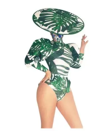 Green Printed Tailcoat Bodysuit+Big Hat Outfit Women Jazz Modern Dance Performance Costume Nightclub Bar Party Singer Stage Wear