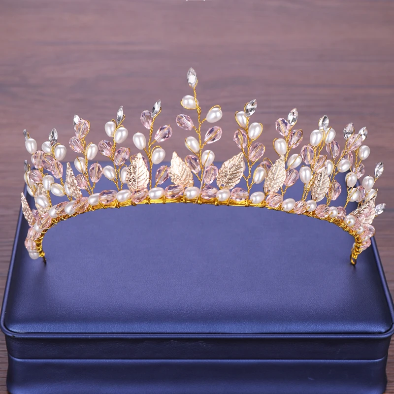

Wedding Hair Accessories Bride Pearl Tiara Rhinestone Headbands Crown Gold Tiara Wedding Pink Rhinestone Headwear Hair Band Head