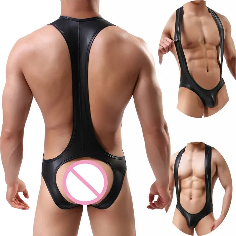 

Mens Faux Leather Sexy Undershirt One Piece Wet Look Bodysuit Leotard Underwear Jockstrap Wrestling Singlet Jumpsuit Clubwear