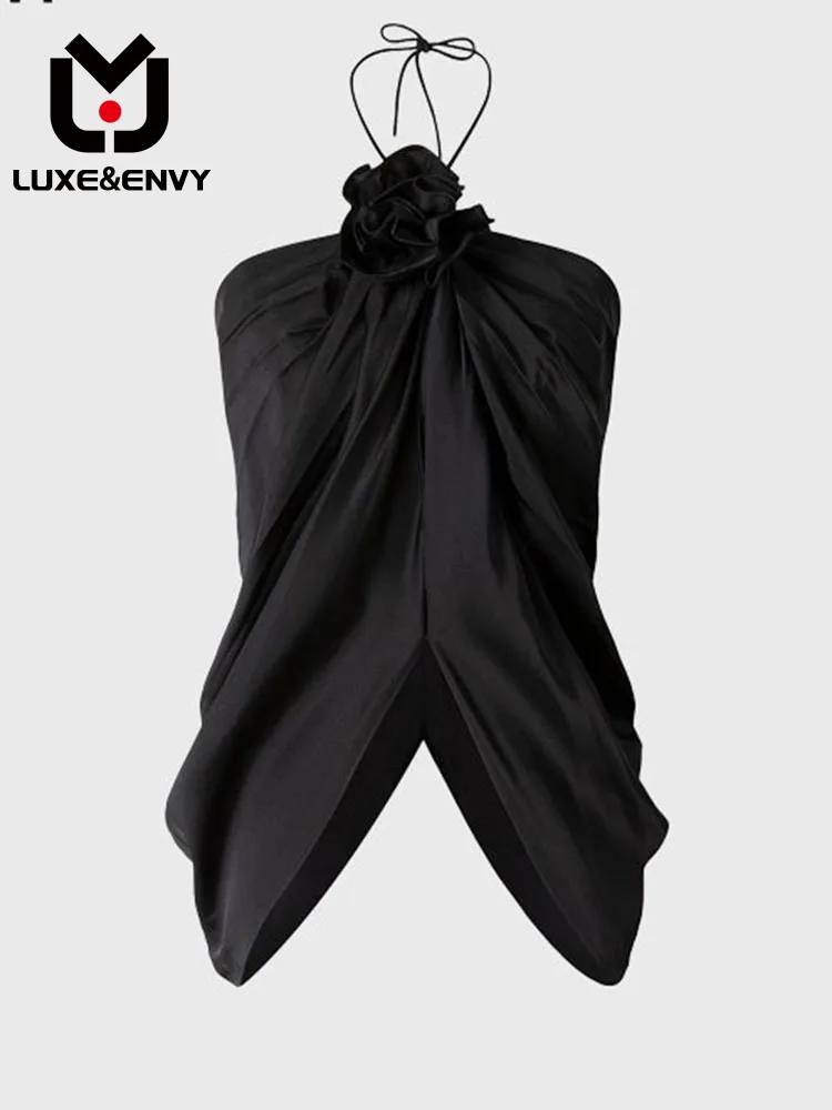 

LUXE&ENVY Hand Sewn Flower Open Back Hanging Neck Tank Top Women's Summer Outwear Sexy Slim Sleeveless 2023 Autumn