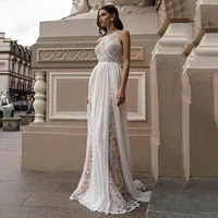 a line lace appliques chiffon wedding dress for women 2022 high slit scoop neck sleeveless bridal gowns vestido de novia
