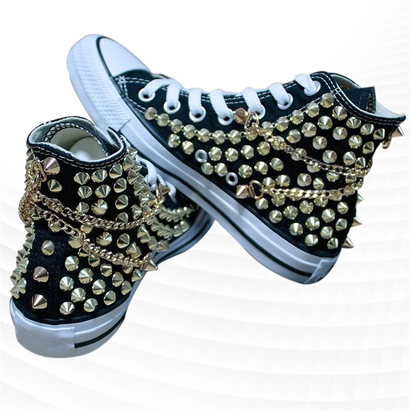 

Trend new fashion gold rivet chain high top canvas shoes cool hip hop style board shoes niche couple shoes