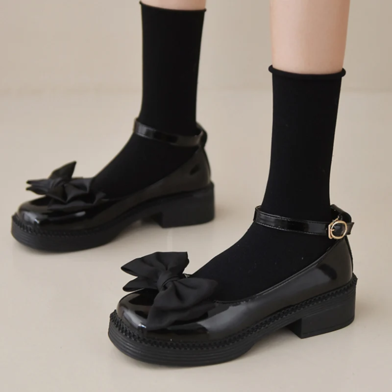 

Lucyever Black Bowknot Med Heels Mary Jane Shoes Women 2022 Ankle Strap Platform Pu Leather Shoes Woman Vintage Thick Heel Pumps