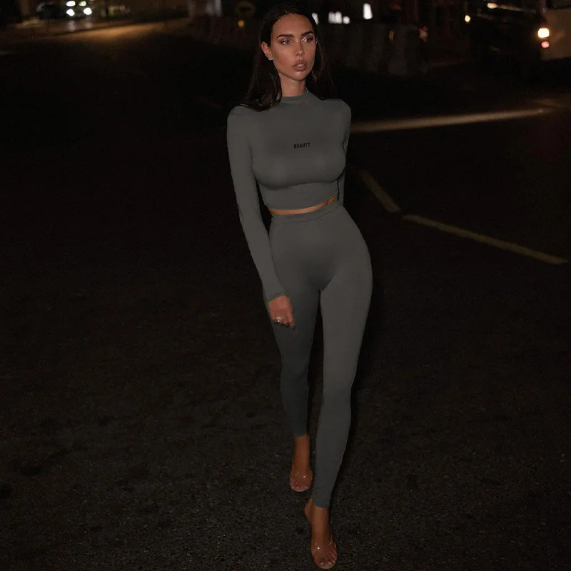 

Turtleneck Knit Rib Bodycon Fitness Tracksuit Women Sexy Zipper Embroidery Lucky Label Crop Top + Leggings Two Piece Set Outfits