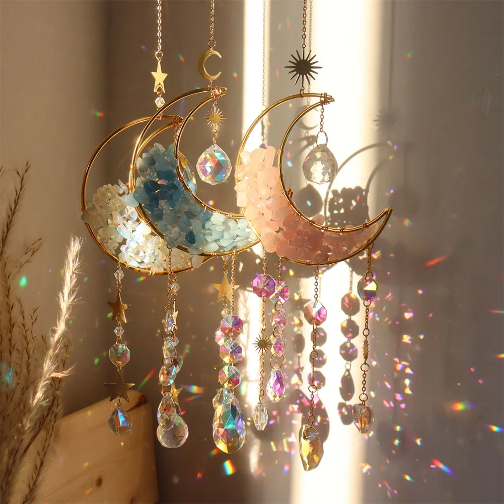 

Crystal Wind Chime Mesh Moon Prism Hanging Curtains Window Pendant Rainbow Catcher Home Yard Garden Decor Supplies