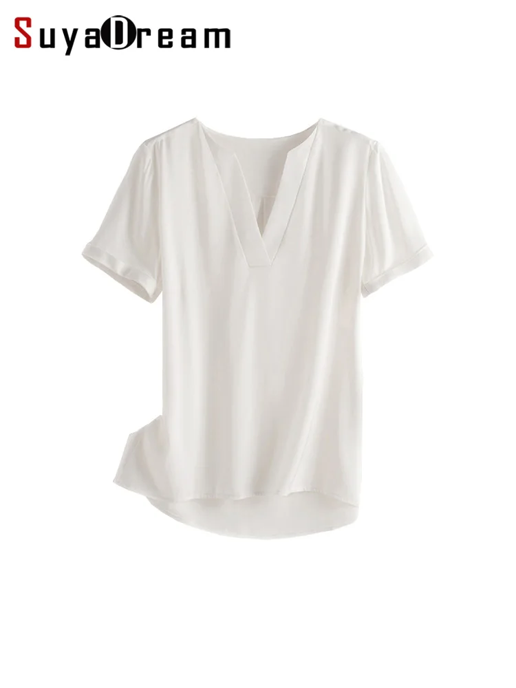 SuyaDream Women Solid Blouse 23mm Real Silk V neck Short Sleeved Chic Blouse Shirt 2022 Spring Summer White Ginger Silk Top