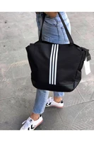 womens black sports bag 3 striped casual wide convenient modern fashion quality fabric neat stitching
