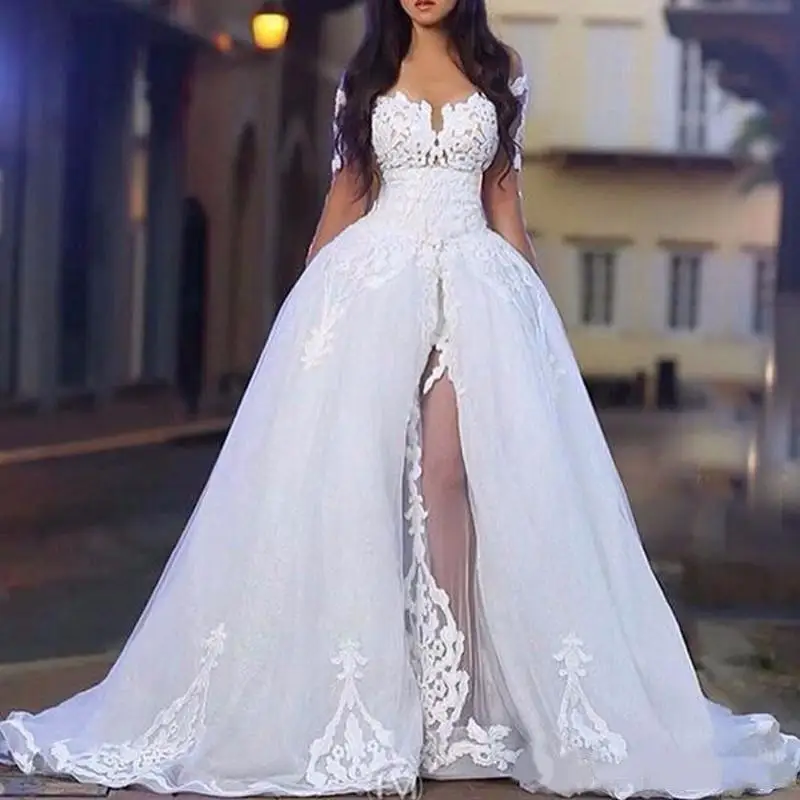 

White Elegant Off The Shoulder Wedding Gowns with Overskirt Long Sleeve Lace Bridal Party Ball Dresses Detachable Train