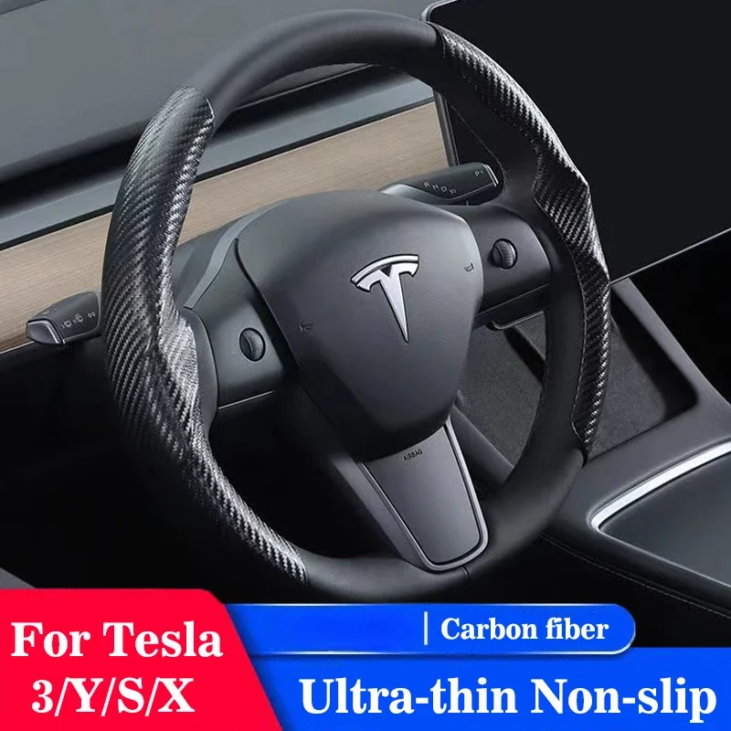 

New Car Steering Wheel Cover for Tesla Model 3/Y/S/X Carbon Fiber Sport Car Accessories for All Seasons Ultra-thin Non-slip