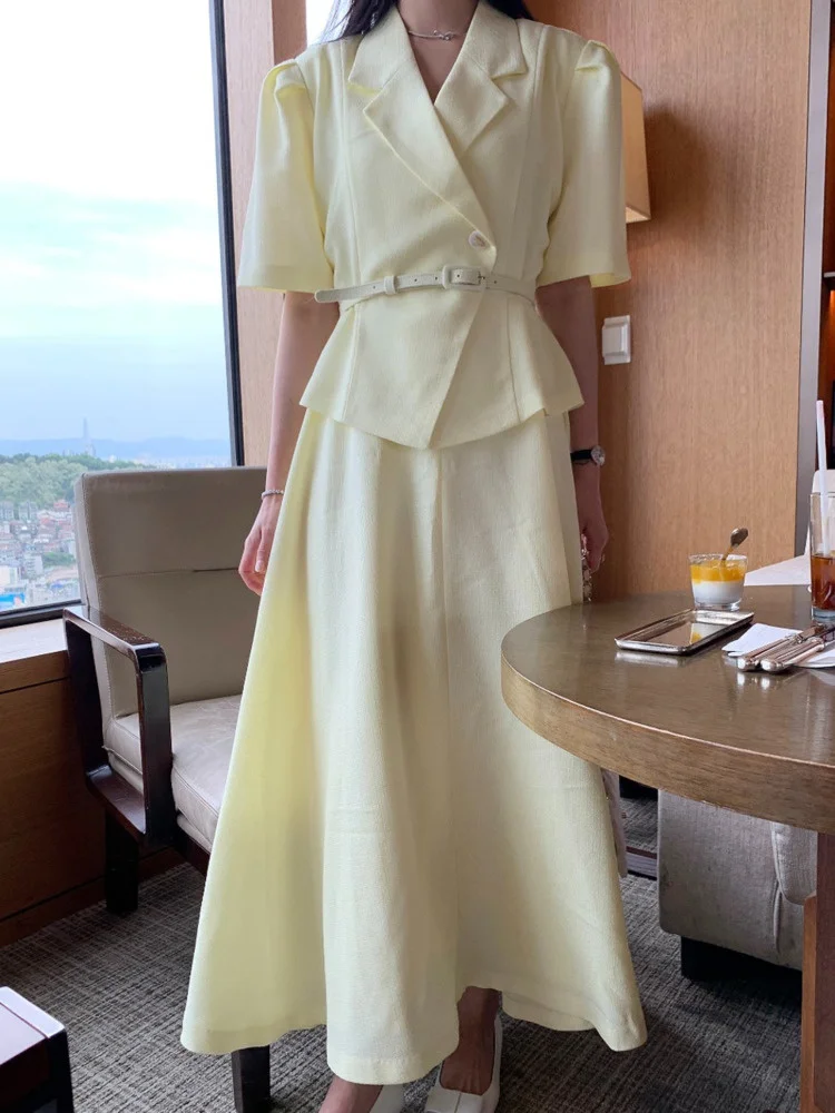 

Женский костюм из двух предметов, желтый костюм на одной пуговице с жакетом и завышенной талией, облегающая юбка-трапеция, Y541, лето 2023