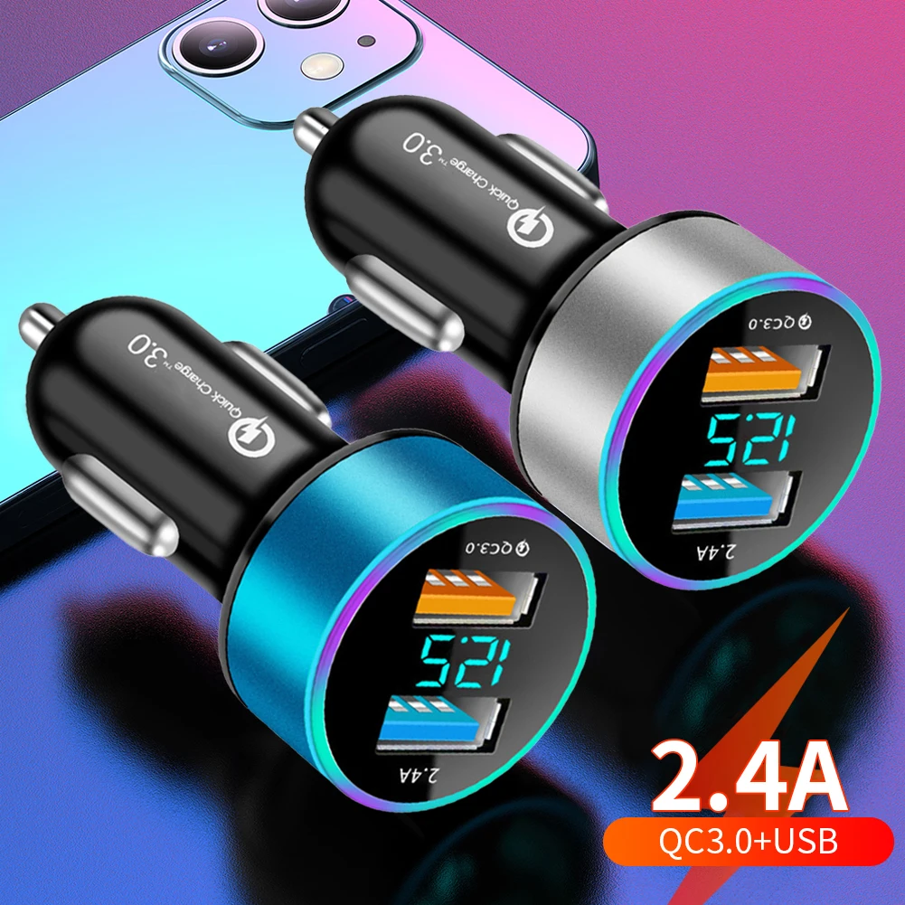 

Автомобильное зарядное устройство А с двумя USB-портами QC3.0, быстрая зарядка с вольтметром и гнездом для прикуривателя в автомобиле для Iphone, ...