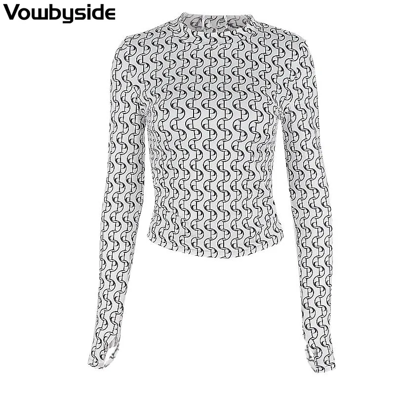 

Spring New Women's Slim T-Shirt Print Crew Neck Long Sleeve Tees