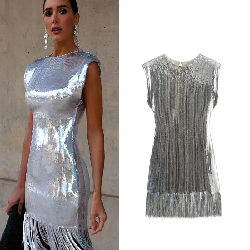 

TRAF Fringed Sequin Mini Dress Women Fashion Sleeveless Short Dress Female Silvery Tassel Hem Slim Dresses Sexy Bodycon Vestidos