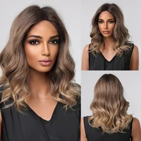 medium length wavy wigs ombre brown synthetic wigs middle part for women cosplay daily high temperature natural%c2%a0hair wigs