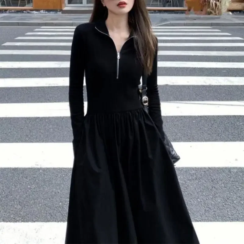 Осеннее элегантное черное платье в светском стиле для похудения с длинными