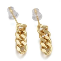 1pair brass curb chain dangle stud earrings faceted with plastic ear nuts long lasting plated real 18k gold plated