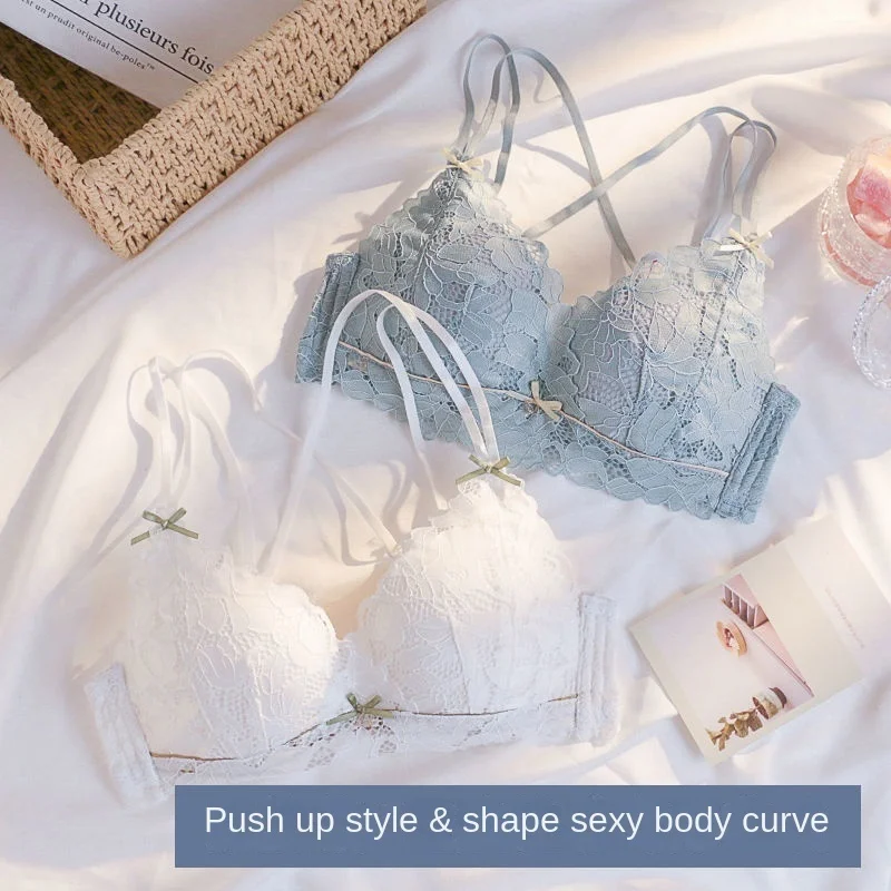 

Кружевное тонкое дамское нижнее белье, Женский комплект с маленькой грудью без стальных колец, привлекательный регулируемый бюстгальтер с ...