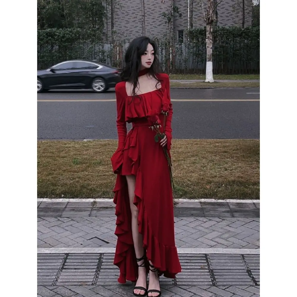 

Romantic red large skirt for women's adult summer art high-end long skirt