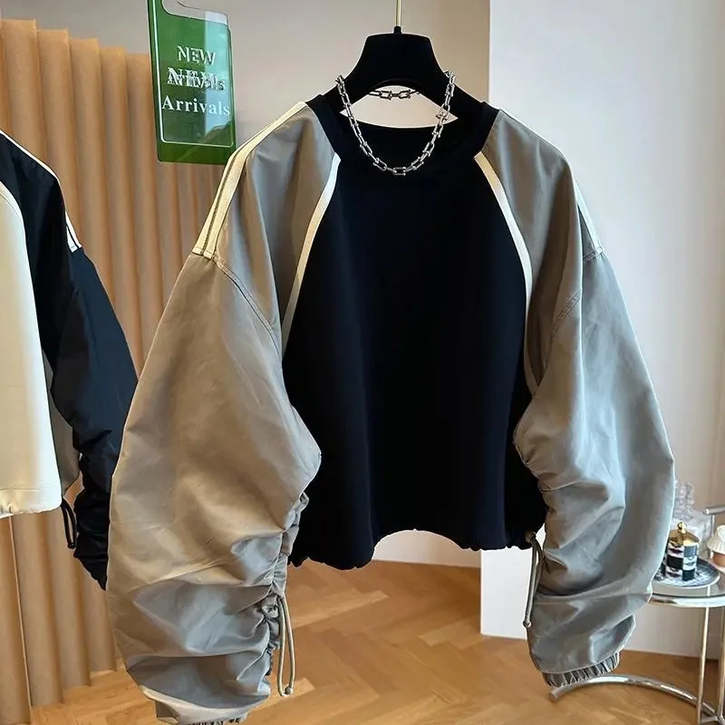 

Casual Patchwork Contrasting Raglan Sleeves SweaterShirt For Women With Drawstring Waistband Shirt large Korean Loose T-Shirt 4X