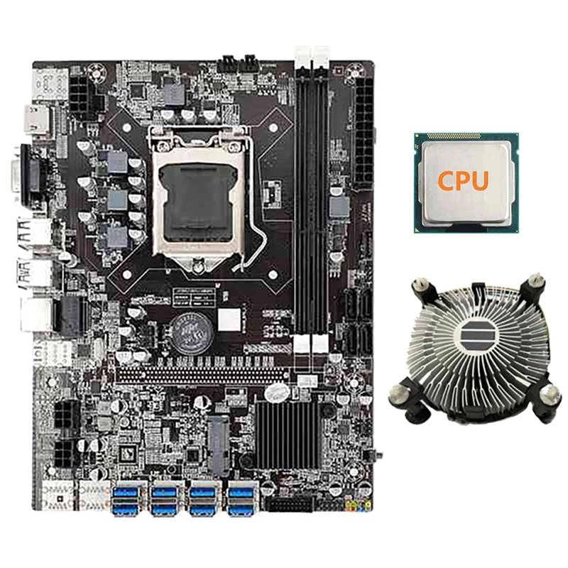 NEW-B75 BTC Mining Motherboard 8XUSB3.0 to PCIE 1X GPU Slots LGA1155 2XDDR3 RAM SATA3.0 for ETH Miner with CPU+Cooling Fan