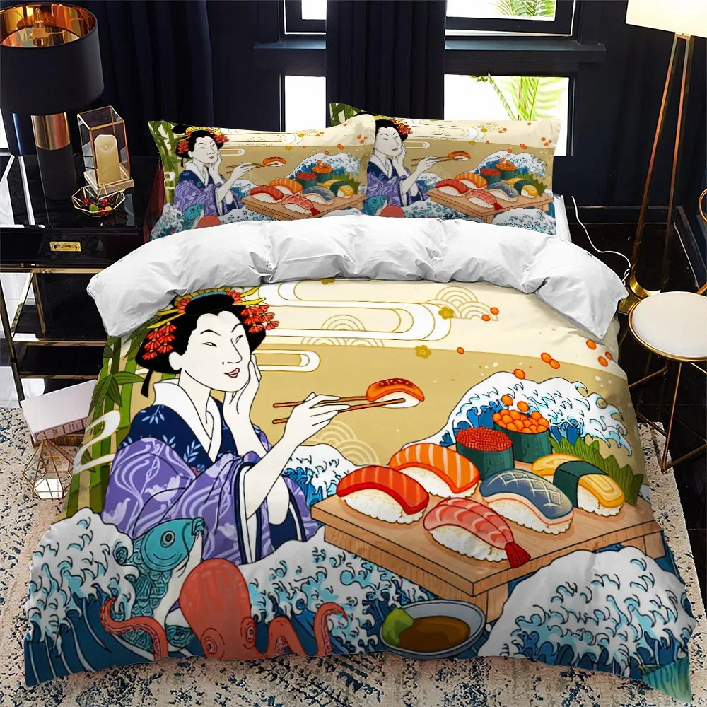

Japanese Geisha Duvet Cover King/Queen Size Women Eat Sushi Pattern Bedding Set Girly Asian Culture Japan Polyester Quilt Cover