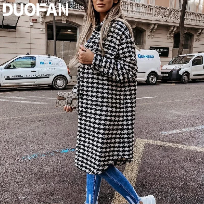 

Женская клетчатая куртка DUOFAN, осенне-зимняя теплая куртка с отложным воротником и длинными рукавами
