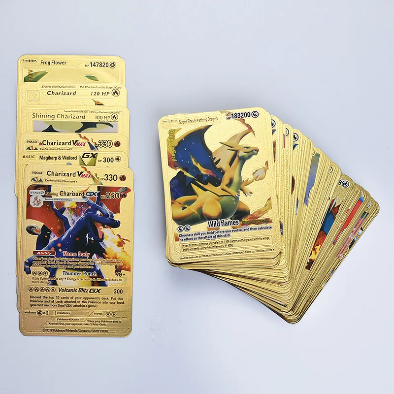 54pcs Pokemon Metal Gold Card Box Golden Letters Spanish Playing Cards Metalicas Charizard Vmax Gx Collection Game Card Case Toy