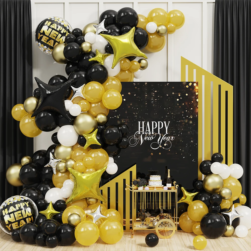 

146Pcs Black Gold Balloon Garland Arch Kit Star Happy New Year Foil Balloon Birthday New Year Home Party Anniversary Decoration