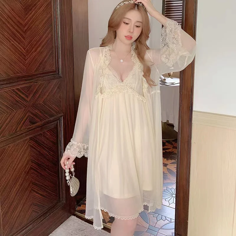 Pajamas Robe Apricot Mesh 2 Piece Set Women Spring Autumn Sleepwear Sexy Lingerie Lace V-Neck Strap Nightgown Retro Home Dress